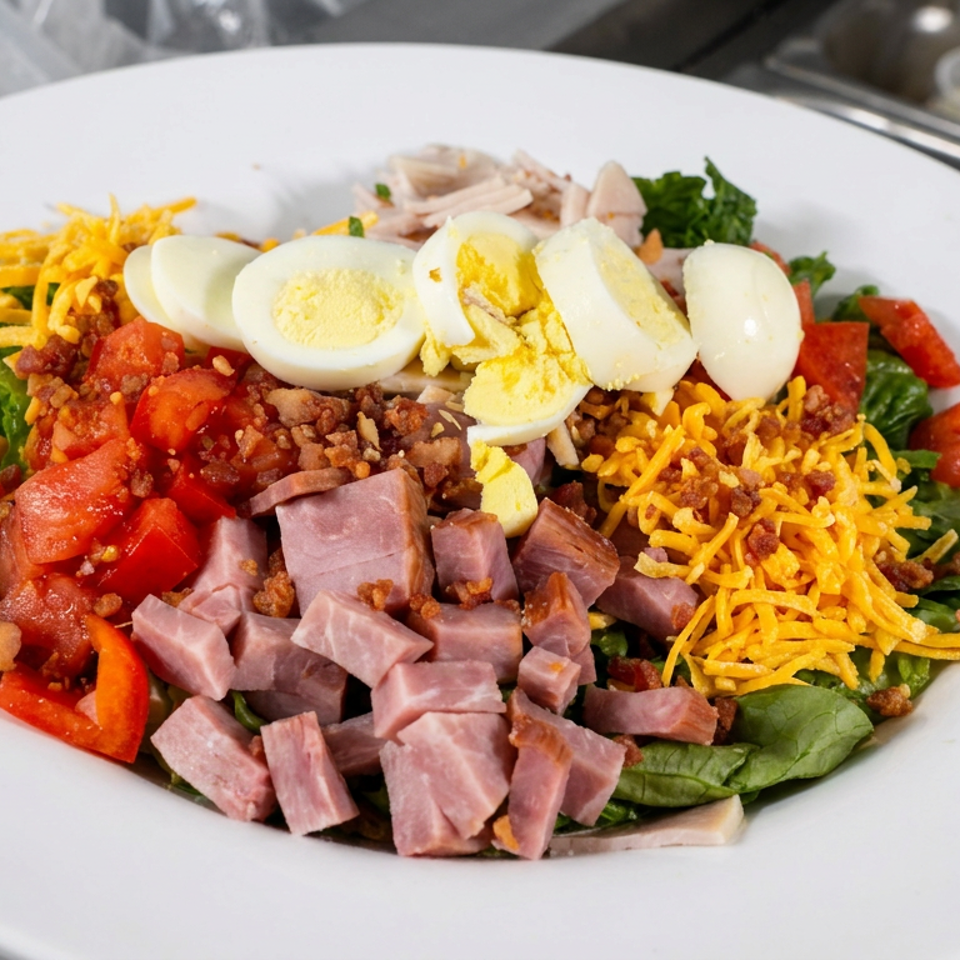Chef salad with lettuce, diced ham, hard-boiled eggs, tomatoes, shredded cheddar cheese, and bacon bits on a white plate.
